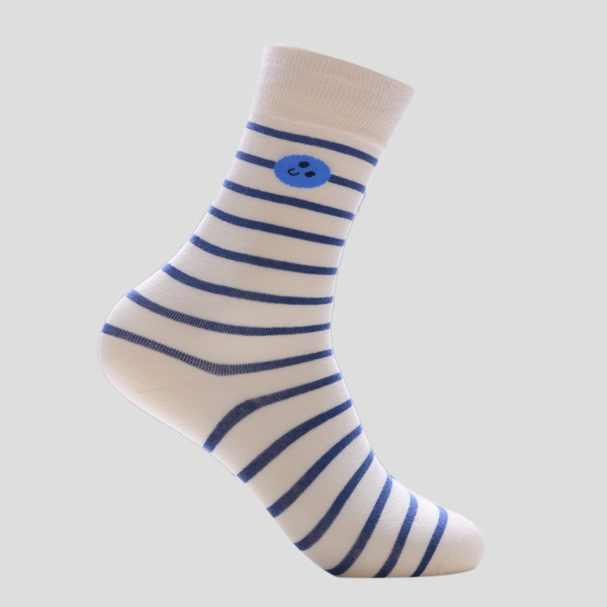 Happy Socks Striped Novelty Crew Socks with Blue Smiley – Cream & Navy