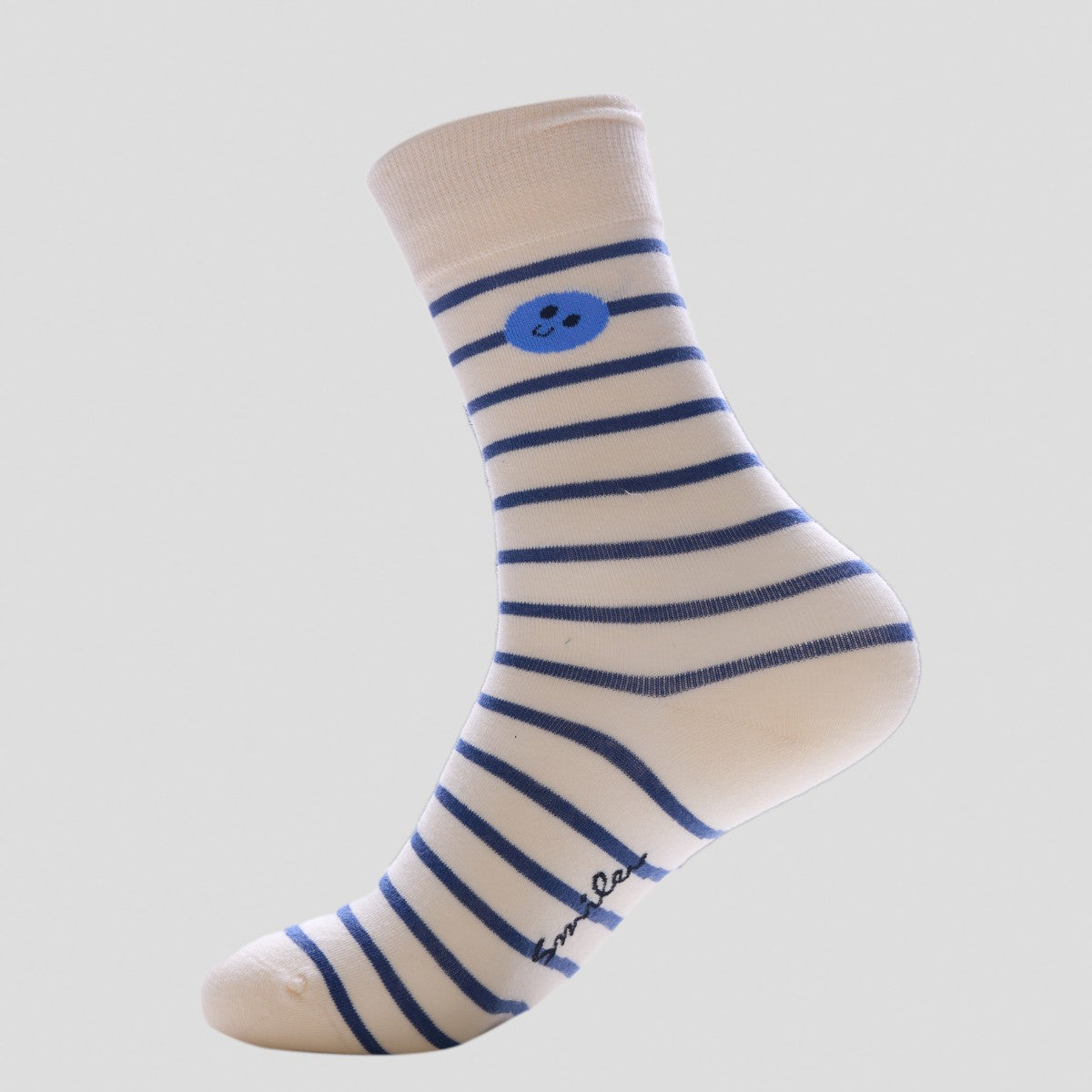 Happy Socks Striped Novelty Crew Socks with Blue Smiley – Cream & Navy
